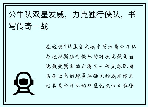 公牛队双星发威，力克独行侠队，书写传奇一战