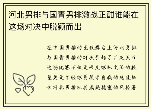 河北男排与国青男排激战正酣谁能在这场对决中脱颖而出