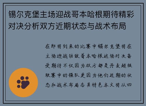 锡尔克堡主场迎战哥本哈根期待精彩对决分析双方近期状态与战术布局