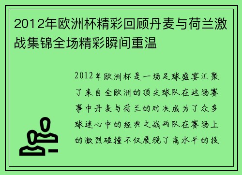 2012年欧洲杯精彩回顾丹麦与荷兰激战集锦全场精彩瞬间重温