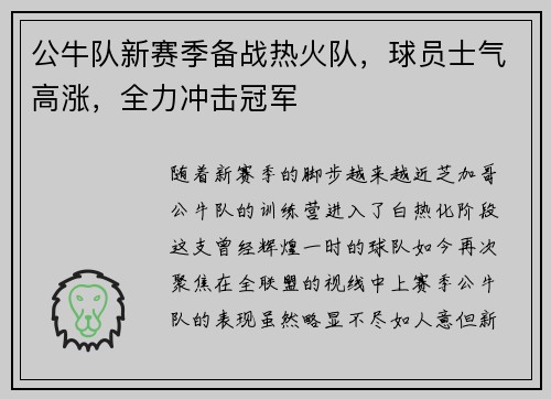 公牛队新赛季备战热火队，球员士气高涨，全力冲击冠军