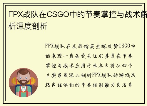 FPX战队在CSGO中的节奏掌控与战术解析深度剖析