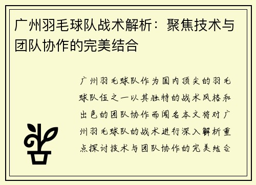 广州羽毛球队战术解析：聚焦技术与团队协作的完美结合