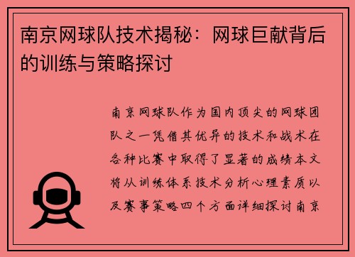 南京网球队技术揭秘：网球巨献背后的训练与策略探讨